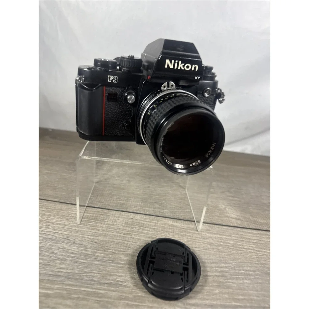 Nikon F3 SLR 35mm Film Camera Black with Nikkor 85mm 1:2 Manual Focus Lens Works